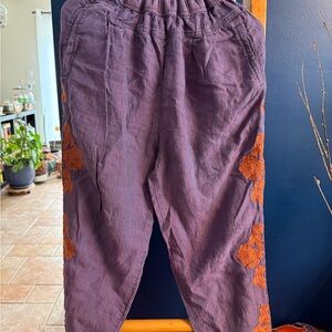 Anthropologie Purple Pants with Orange Floral Accents Sz M